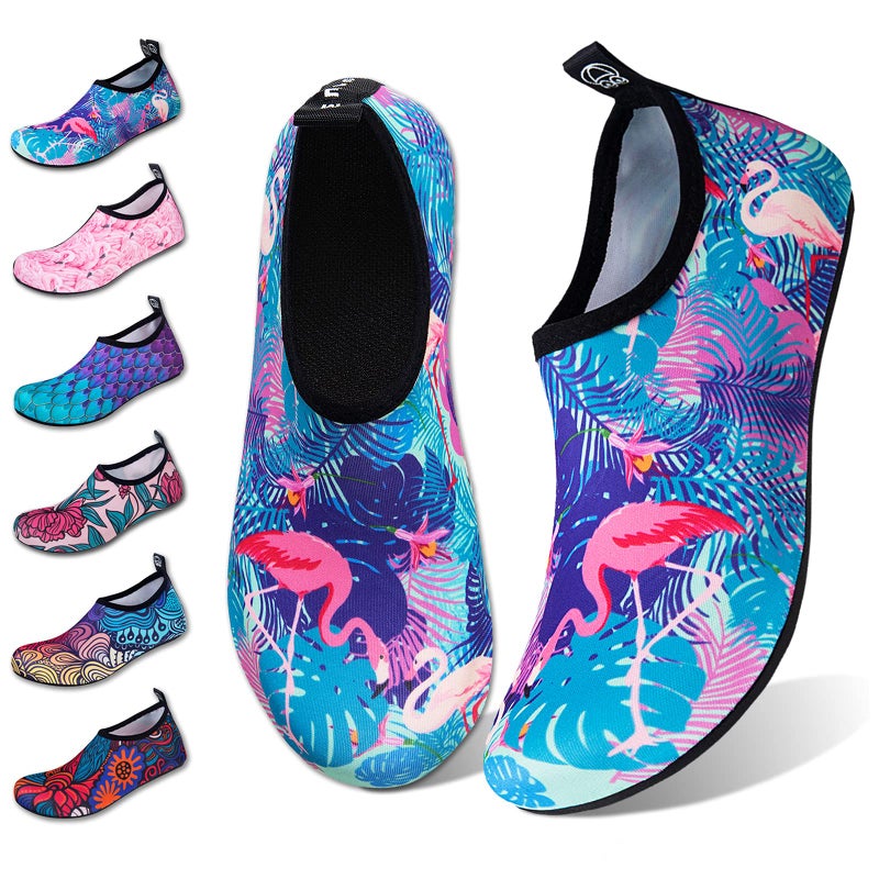 WateLves Water Shoes for Womens Mens Barefoot Quick-Dry Aqua Socks for Beach Swim Surf Yoga Exercise Camping Must Haves (Flamingo Leaves, 40/41) - Image 1